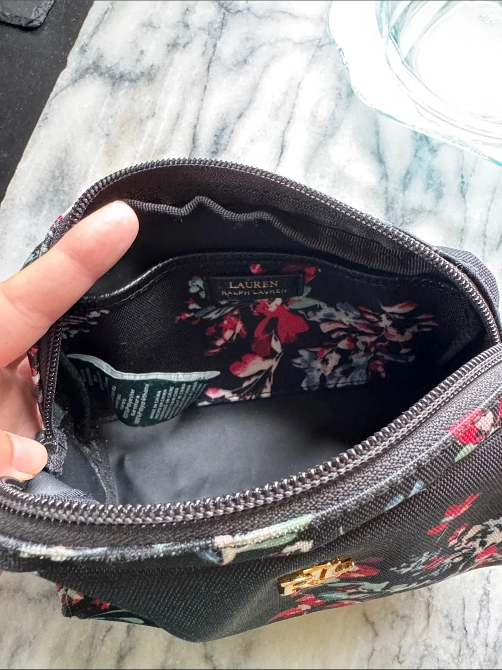 Ralph Lauren Black Floral Cosmetic Case with Gold Logo
